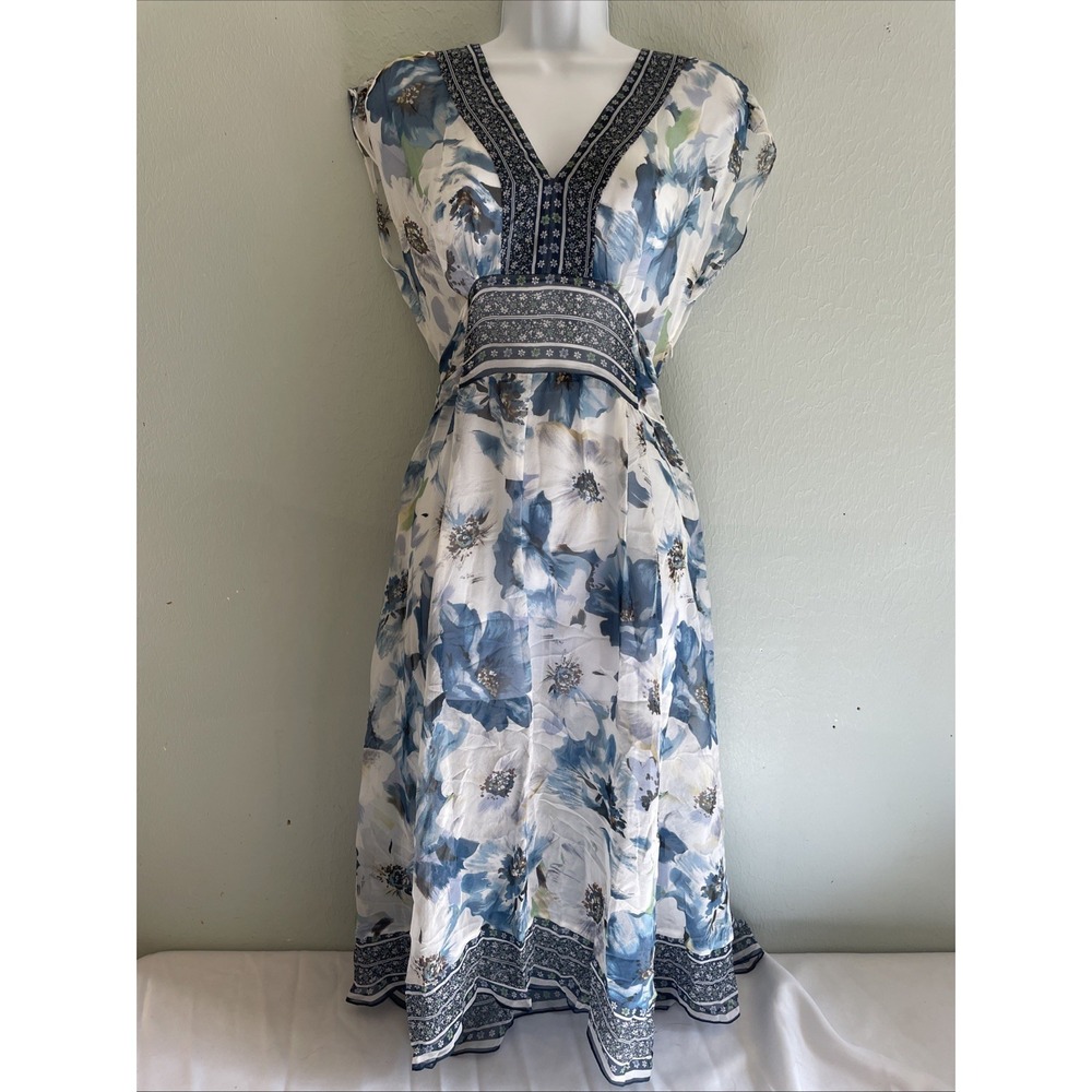 MixIt Y2K Sheer Silk Blue‎ Floral Cap Sleeve Dress Sz 6 midi